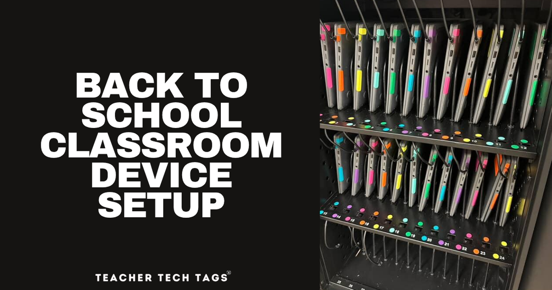 Color-coded vinyl labels on classroom Chromebooks