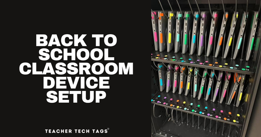 Color-coded vinyl labels on classroom Chromebooks