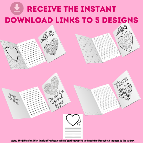 Set of greeting cards with heart designs, with text about instant download links.