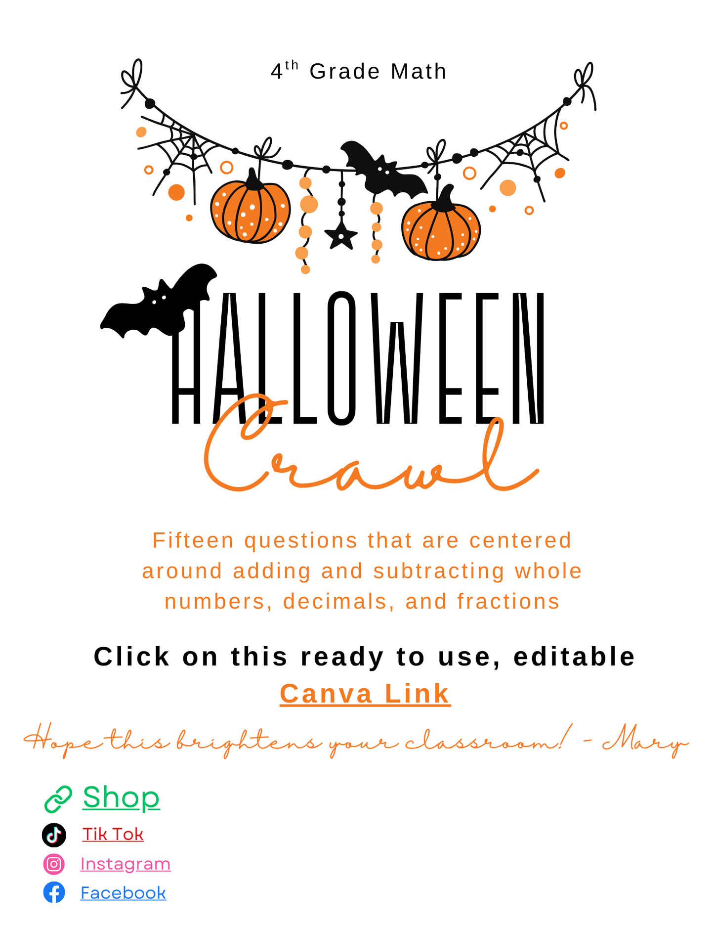 FREEBIE! 4th Math Halloween Crawl Activity