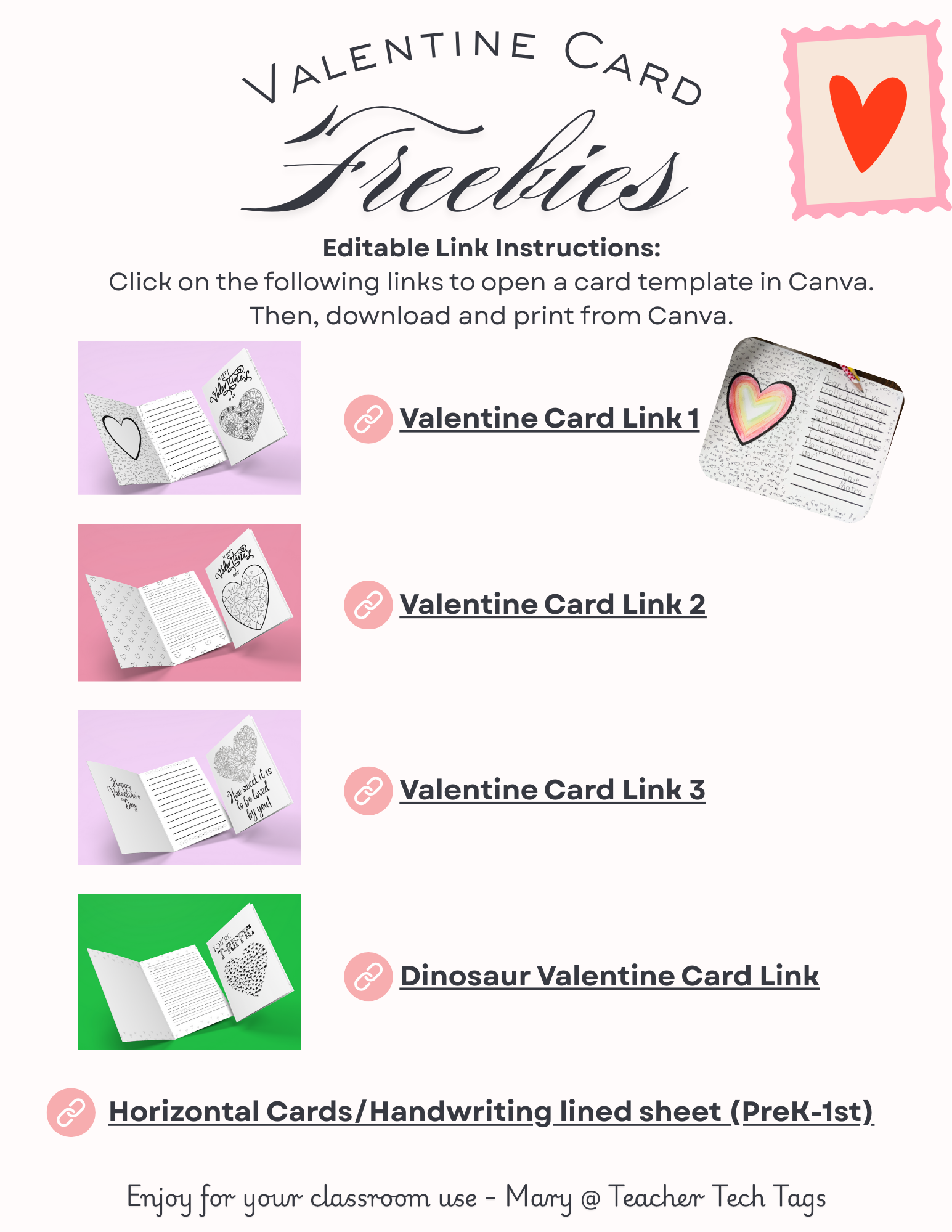Valentine card templates with links to open on Canva.